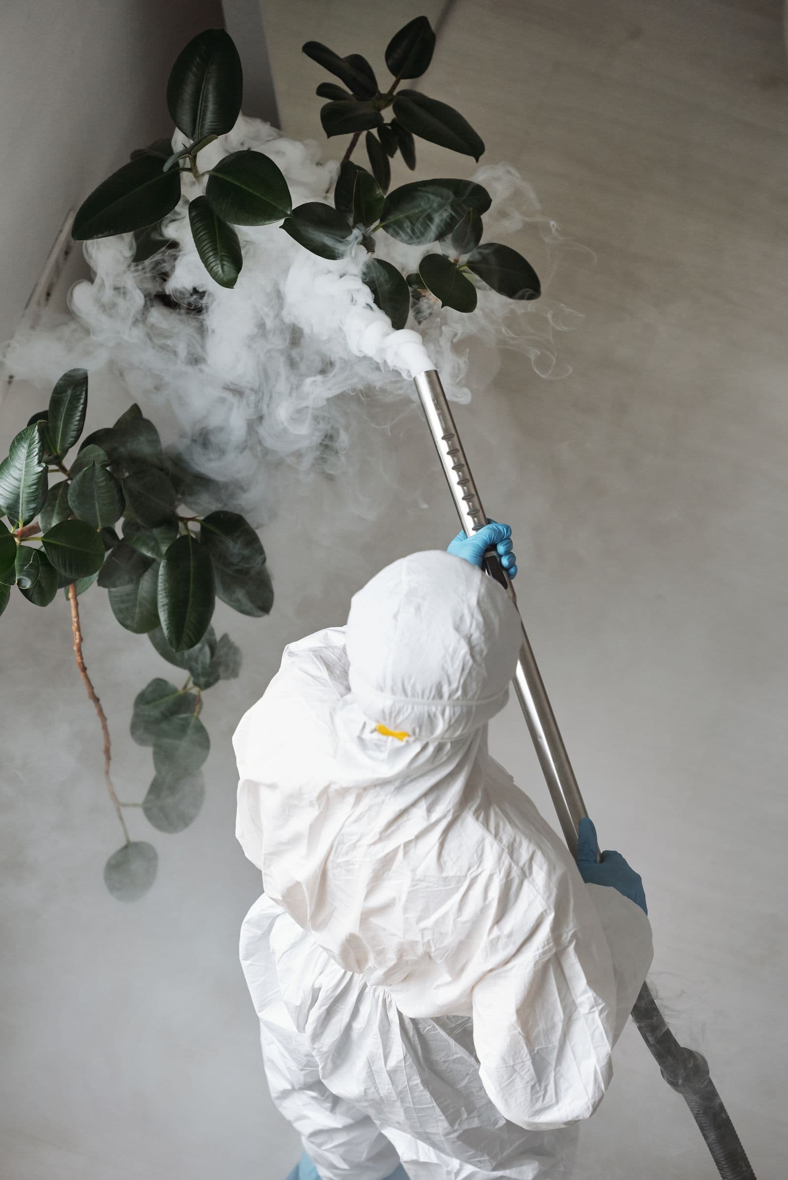 Pest control technician in protective gear treating a home for pests